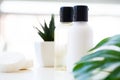 Wellness Products and Cosmetics. Herbal and mineral skincare. Jars of cream, white cosmetic bottles. Without label. Spa Set with