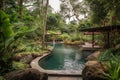 wellness retreat with hot spring pool, surrounded by lush greenery