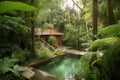 wellness retreat with hot spring pool, surrounded by lush greenery