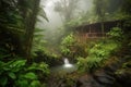 wellness retreat in lush rainforest, with misty atmosphere and crashing waterfalls