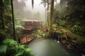 wellness retreat in lush rainforest, with misty atmosphere and crashing waterfalls