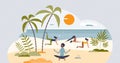 Wellness retreats with sport activities and yoga at beach tiny person concept