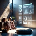 Wellness room with natural decor and futuristic holographic smart home data interface, interior design concept, 3D render Royalty Free Stock Photo