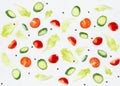 Wellness seamless food pattern - slices cherry tomato, cucumber and green salad as flying levitate flow on white background.