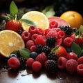 Wellness showcased, mixed fruits, berries, citrus, apples, fresh juices A colorful, healthful scene Royalty Free Stock Photo