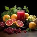 Wellness showcased, mixed fruits, berries, citrus, apples, fresh juices A colorful, healthful scene Royalty Free Stock Photo
