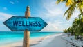 Wellness sign board arrow on beach with sunshine background Royalty Free Stock Photo