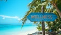 Wellness sign board arrow on beach with sunshine background Royalty Free Stock Photo