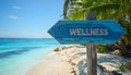 Wellness sign board arrow on beach with sunshine background Royalty Free Stock Photo