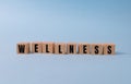 Wellness sign with wooden cubes on blue background.