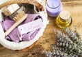 Wellness and spa items with lavender herb, oil, candle,towels an Royalty Free Stock Photo