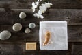 Wellness still life for dry brushing, wood background, flat lay