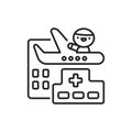 Wellness tourism line black icon. Cute character on plane kawaii pictogram. Sign for web page, mobile app, button, logo. Vector