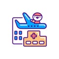 Wellness tourism line color icon. Cute character on plane kawaii pictogram. Sign for web page, mobile app, button, logo. Vector