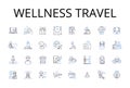 Wellness travel line icons collection. Eco-tourism, Cultural immersion, Adventure holiday, Luxury getaway, Healing