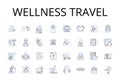 Wellness travel line icons collection. Eco-tourism, Cultural immersion, Adventure holiday, Luxury getaway, Healing