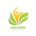 Wellness - vector business logo template concept illustration. Abstract human character and green leaves. Healthcare creative sign Royalty Free Stock Photo