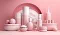 copy pink care cosmetic product pastel bottle beauty treatment background space layout. Generative AI.