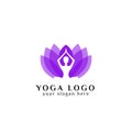 Wellness yoga logo design stock in overlay color style. human meditation in lotus flower vector illustration in purple color Royalty Free Stock Photo