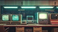 A wellpreserved collection of vintage computers displaying glowing screens in a classic computer lab setting evokes the early Royalty Free Stock Photo