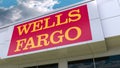 Wells Fargo logo on the modern building facade. Editorial 3D rendering