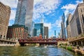 Wells Street Bridge over Chicago river canals surrounded by skyscrapers Royalty Free Stock Photo