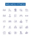 Welness fitness line icons signs set. Design collection of Wellness, Fitness, Exercise, Health, Nutrition, Diet Royalty Free Stock Photo