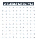 Welness lifestyle vector line icons set. Wellness, Lifestyle, Health, Fitness, Diet, Nutrition, Exercise illustration