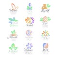 Welness, zen, yoga, herbal center, healthy food logo templates set of hand drawn watercolor vector Illustrations