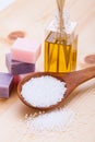 Welnness spa objects soap and bath salt closeup Royalty Free Stock Photo