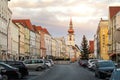 Wels, Austria - January 11th, 2020: Car paking near Lederer tower in city center of old austrian town at Christmas and