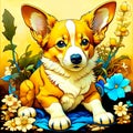 Welsh corgi dog, cute puppy sitting on a flower field, furry art, art, digital illustration, artwork