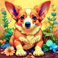 Welsh corgi dog, cute puppy sitting on a flower field, furry art, art, digital illustration, artwork