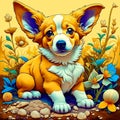 Welsh corgi dog, cute puppy sitting on a flower field, furry art, art, digital illustration, artwork