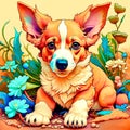 Welsh corgi dog, cute puppy sitting on a flower field, furry art, art, digital illustration, artwork