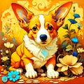 Welsh corgi dog, cute puppy sitting on a flower field, furry art, art, digital illustration, artwork