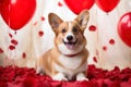 Welsh corgi dog with red balloons and rose petals, Valentines Day symbolism