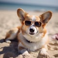 Welsh Corgi Dog with sunglasses is lying on the beach sand. Created using generative Al tools