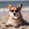 Welsh Corgi Dog with sunglasses is lying on the beach sand. Created using generative Al tools