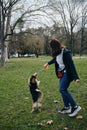 Welsh corgi pembroke dog jumps and wants toy. Female owner is smiling, enjoying the moment with her pet in park. A Royalty Free Stock Photo