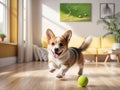 Welsh Corgi puppy running to catch a tennis ball in living room, Generated AI