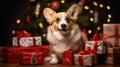 Welsh Corgi small dog with Christmas gifts. Welsh Corgi. Christmas holidays with dogs banner poster. AI generated Royalty Free Stock Photo