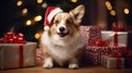 Welsh Corgi small dog wearing Santa Claus hat with Christmas gifts. Welsh Corgi. Horizontal Christmas banner poster. AI generated Royalty Free Stock Photo