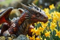 Welsh dragon in yellow daffodil flowers, greeting card for St David's Day Holiday celebration in Wales, UK