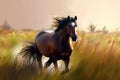 Welsh pony running and standing in high grass, long mane, brown horse galloping, brown horse Royalty Free Stock Photo