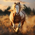 Welsh pony running and standing in high grass in sunset light, long mane, brown horse. generative ai Royalty Free Stock Photo