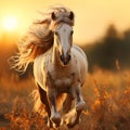 Welsh pony running and standing in high grass in sunset light, long mane, brown horse. generative ai Royalty Free Stock Photo