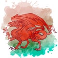 The Welsh Red Dragon on a grunge watercolor textured spot painted in a colors of Welsh national flag.