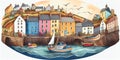 Welsh seaside town fishing village harbour scene watercolour Wales Royalty Free Stock Photo