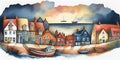 Welsh seaside town fishing village harbour scene watercolour Wales